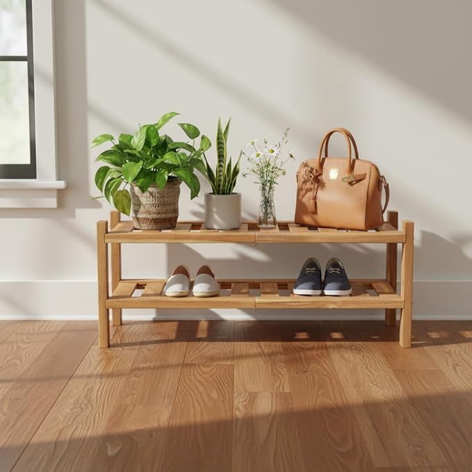 Acacia Wood Shoe Rack 2 Tier (Brush Teak Finish) – Stackable Shoe Organizer Two Tier Shoe Rack – Sturdy Wooden Shoe Storage S