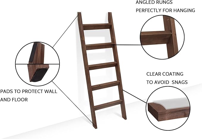 FUIN 5ft (58") Wood Blanket Ladder Living Room Decorative Wall Leaning Farmhouse Quilt Display Holder Storage Rustic Wooden T