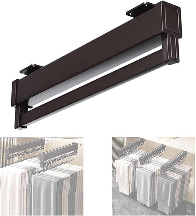 Heavy Duty Pull Out Clothes Rail, Extendable Closet Rod with 2 Sliding Tracks, Adjustable 21-60cm Clothing Hanger Rack, Suppo