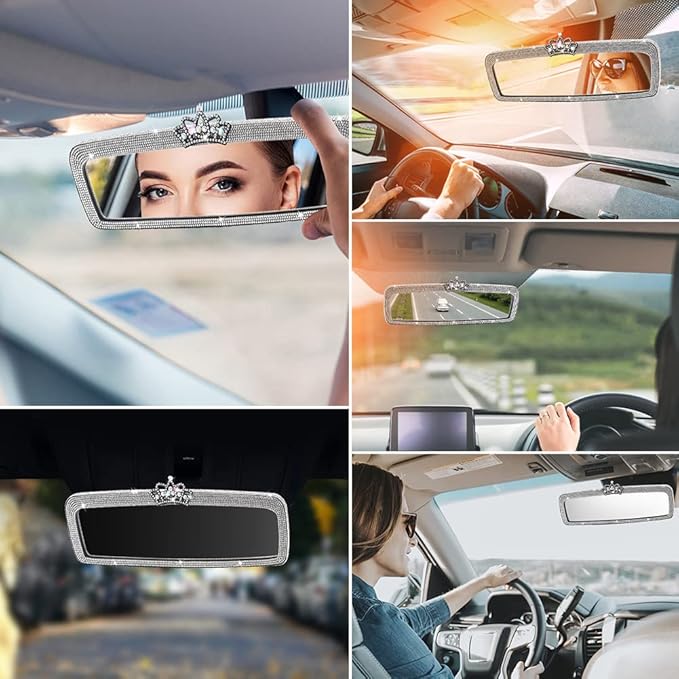 Bling Rhinestone Rear View Mirror Cover, Car Rea r Views Mirro r with Crystal Diamonds Bling Rhinestones Ca r Rears Vie w Mirrors Cars Interior Trim(White,Size:1.56x1.18inch)