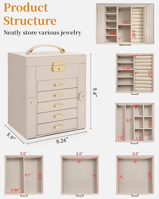 TORIBIO Large Jewelry Box for Women, Leather Jewelry Organizer with Mirror & Lock, 6-Tier Jewelry Storage Case for Girls/Wome