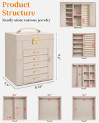 TORIBIO Large Jewelry Box for Women, Leather Jewelry Organizer with Mirror & Lock, 6-Tier Jewelry Storage Case for Girls/Wome