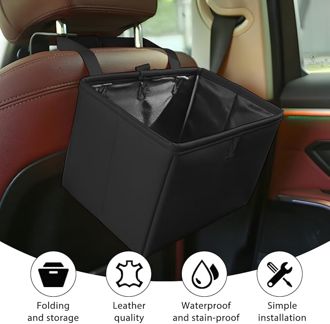 Car Trash Can, Leather Foldable Large Capacity Vehicle Hanging Garbage Bin Organizer, Waterproof Auto Interior Storage Bag Container Accessories, Universal for SUV Sedan Truck (Black)