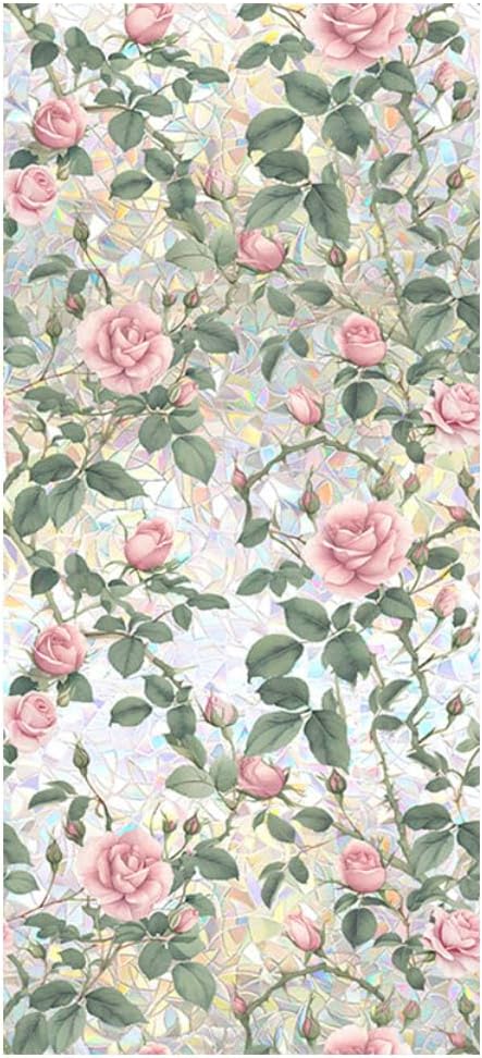 JOONOR Retro Pink Rose Flowers Window Privacy Film,3D Stained Glass Rose Rainbow Window Decals,Non-Adhesive Static Cling Sticker for Home Office,16.93 x 39.37 Inch