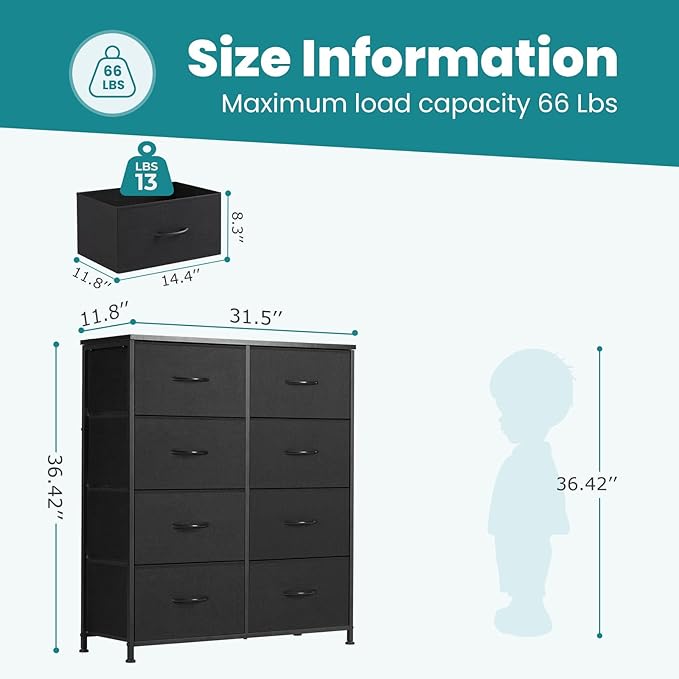 DUMOS 8 Drawer Dresser for Bedroom, Fabric Storage Organizer with Sturdy Metal Frame, Wooden Top Chest of Drawers for Closet 