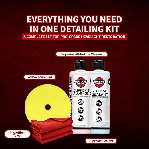 Renegade Products Headlight Restoration Kit – Fix Foggy Headlights with All-in-One Cleaner, Sealant, Pad & Towels – Revives C