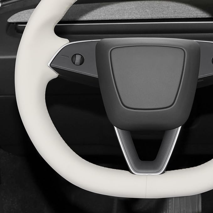 MEWANT Hand Stitched White Leather Steering Wheel Cover for Tesla Model 3 Highland 2023 2024 2025