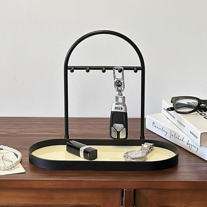 Shinpuru Metal Jewelry Organizer Stand & Key Holder Tray with Acrylic Base, Key Stand and Jewelry Tray with 5 Hooks, Perfect 