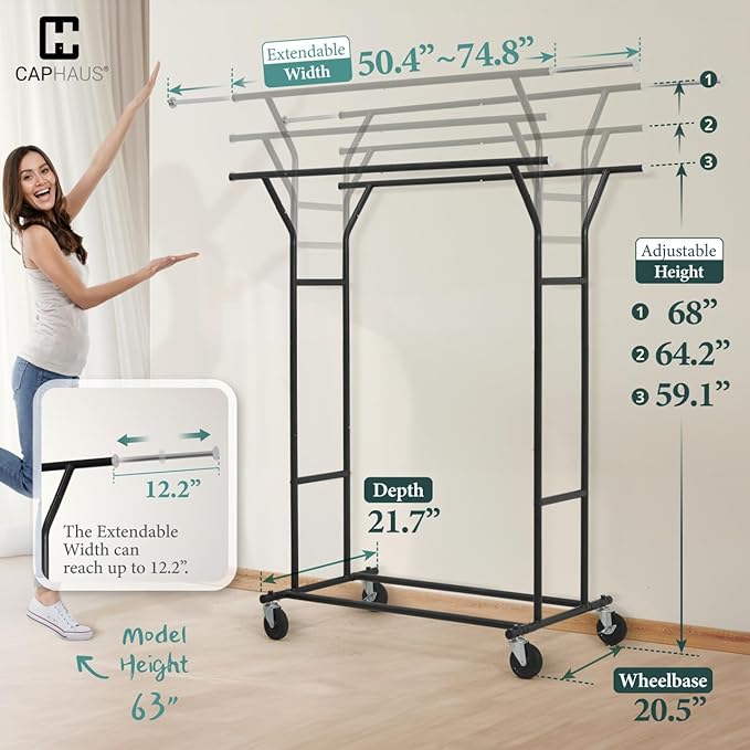 CAPHAUS Heavy Duty Clothes Rack with Double Rods, 440LBS Capacity Rolling Clothing Rack for Hanging Clothes, Adjustable Metal