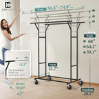 CAPHAUS Heavy Duty Clothes Rack with Double Rods, 440LBS Capacity Rolling Clothing Rack for Hanging Clothes, Adjustable Metal