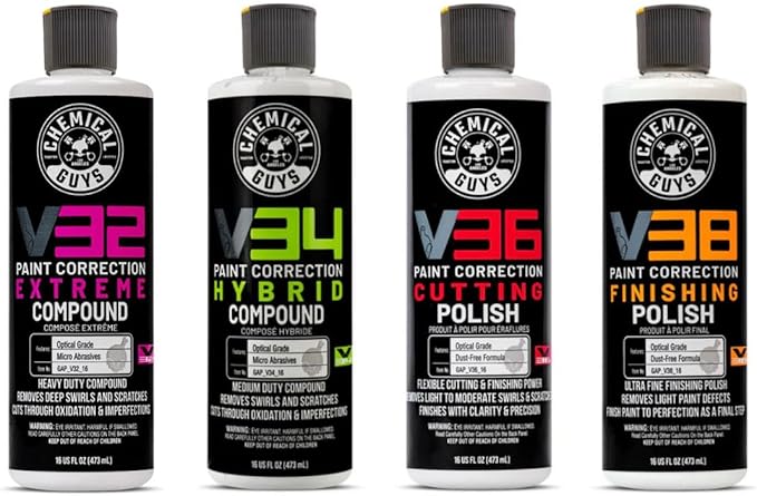 Chemical Guys V Line Car Polish and Compound Kit - Complete Paint Correction System for Light-to-Heavy Swirls, Scratches, Safe for Cars, Trucks, SUVs, Motorcycles, RVs & More - 4 x 16 fl oz