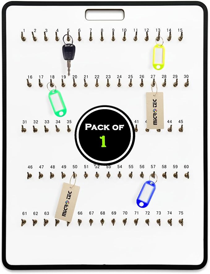 MICRO TEC Masonite Key Holder Wall Mount with 75 Spring-Lock Hooks 24" × 31-3/4" – Wall Mounted Key Organizer Board with Meta