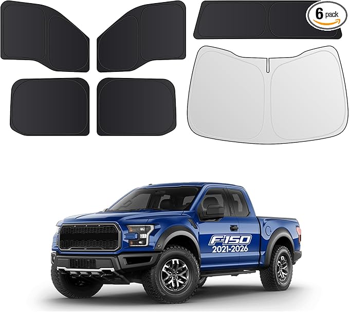 Wigoo 2026 Upgrade 6PCS Full Set Window Sunshade for Ford F150 4Doors 2021-2026 [7-Layer Cooler & Blacker, Ice-Crystal Tech] with Windshield for Sun Block, Baby, Camping, Privacy Napping, Relax