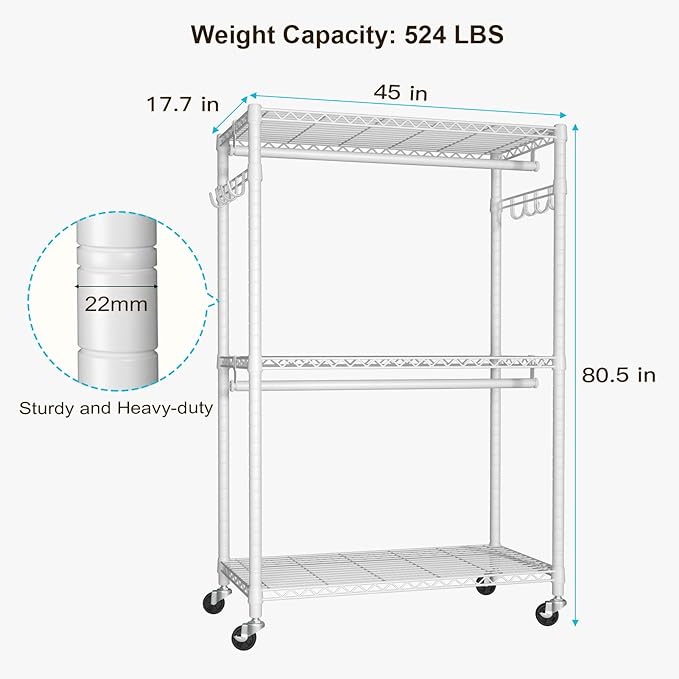 FUTASSI P1 Plus Rolling Clothes Rack, 22mm Diameter Heavy Duty Garment Rack with Wheels, Portable Closet Wardrobe with Double