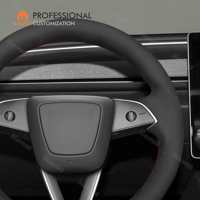 MEWANT Hand Stitched Matte Carbon Fiber&PU Leather Steering Wheel Cover Wrap for Tesla Model 3 Highland 2023 2024 2025 Steering Wheel Accessories