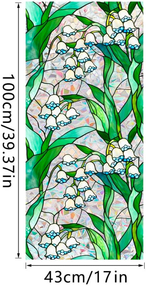 JOONOR Retro Lily of The Valley Window Privacy Film,Stained Glass Decals Colorful Floral Privacy Rainbow Decals Living Room Sun Blocking Decor Removable Static Cling Stickers,16.93 x 39.37 Inch
