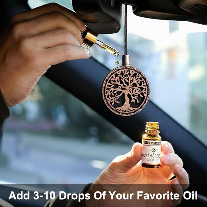 Wood Car Air Freshener — Tree Of Life Handmade Unscented DIY Essential Oil Hanging Diffuser with Felt Insert — Add Your Own O