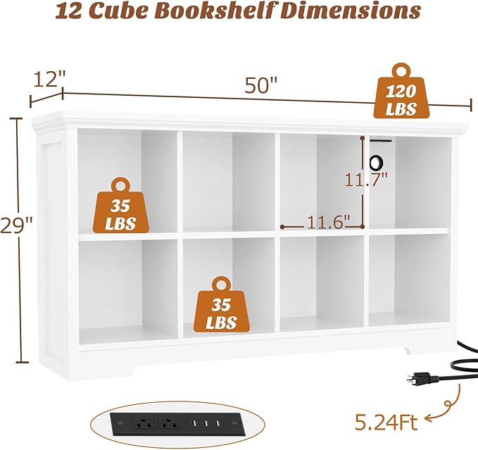 Aheaplus Wooden 8-Cube Storage Organizer with Charging Ports, Modern Cube Bookcase with Base, 3-Tier Floor Standing Open Cubb