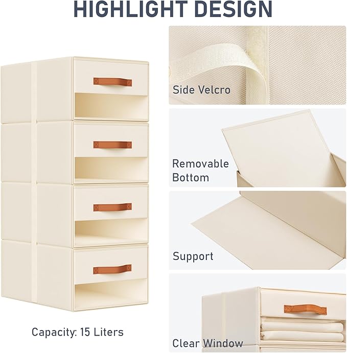 DIMJ Closet Organizers and Storage - Fabric Bins with Drawers for Closet Foldable Clothes Organizers with Clear Window, Stack