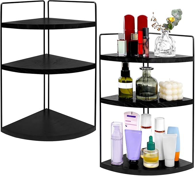 Corner Bathroom Counter Organizer Countertop Black, 2 Pack 3 Tier Corner Shelf Wood Vanity Tray Easy Assembly Space Saving Sh