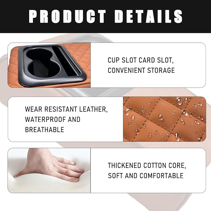 Car Center Console Armrest Pillow, Waterproof Car Armrest Cover Cushion with Cup and Phone Holder, Memory Foam Arm Rest Box Protector for Most Vehicles, Car Accessories (Brown)