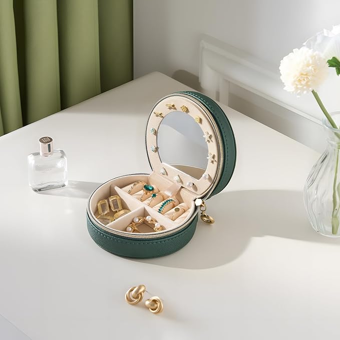 ProCase Travel Size Jewelry Box, Mini Portable Seashell-Shaped Jewelry Case with Mirror, 2 Layer Organizer in PU Leather for 