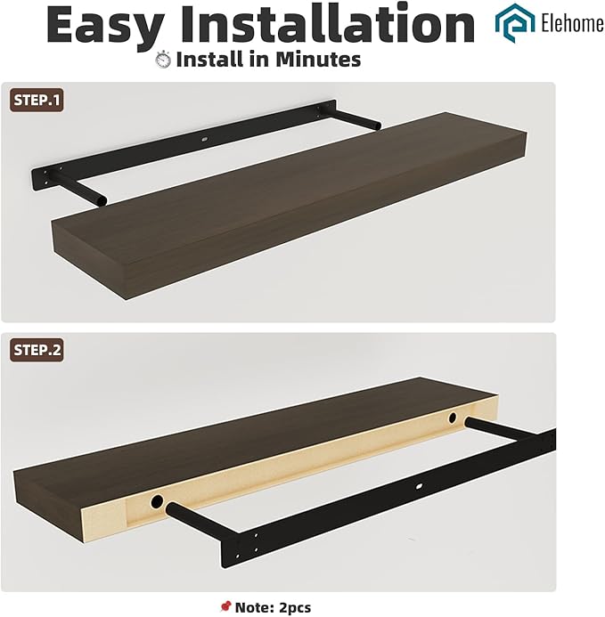 Floating Shelves Board for Wall with Brackets – 36" L x 8" W x 2" T Rich Walnut Melamine Wood Floating Shelves for Bathroom, 