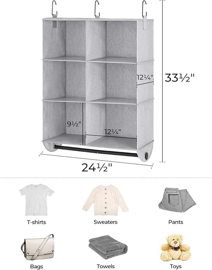 StorageWorks Hanging Closet Organizer with Metal Rod, 6-Section Closet Organizers and Storage, Collapsible Hanging Shelves fo