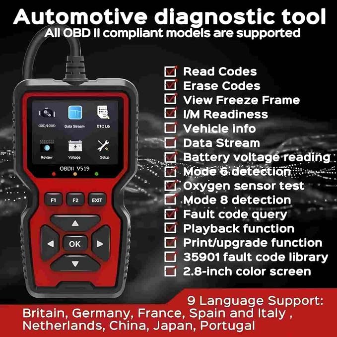OBD2 Scanner Diagnostic Tool, Check Engine Code Reader OBD2 Scanner with Reset, Mode 6, Mode 8 & I/M Readiness, Auto Check