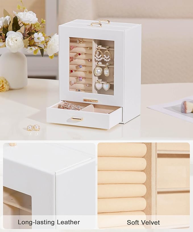 Homde Jewelry Organizer Girls Women Jewelry Box for Necklaces Rings Earrings Gift Bracelets Storage Case (White + Gold)