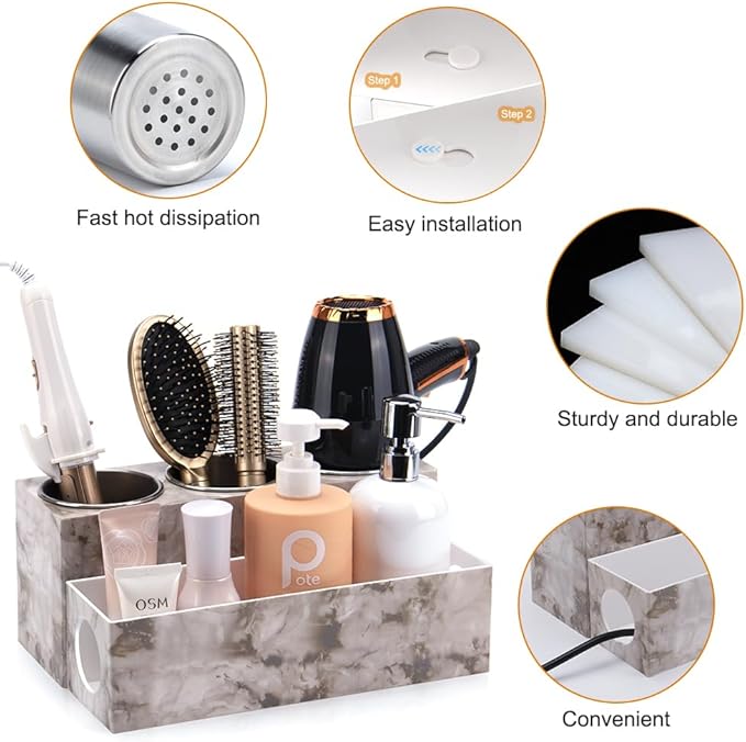 GFWARE Marble Hair Tool Organizer - Bathroom Vanity Storage for Hot Tools, Hair Dryer, Curling Iron, Flat Iron & Straightener