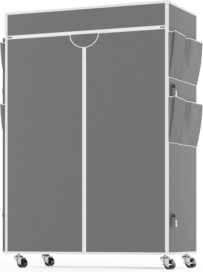 Homdox Garment Rack with Cover, Heavy Duty Clothing Rack for Hanging Clothes, Portable Closet Wardrobe, Double Rods Garment R