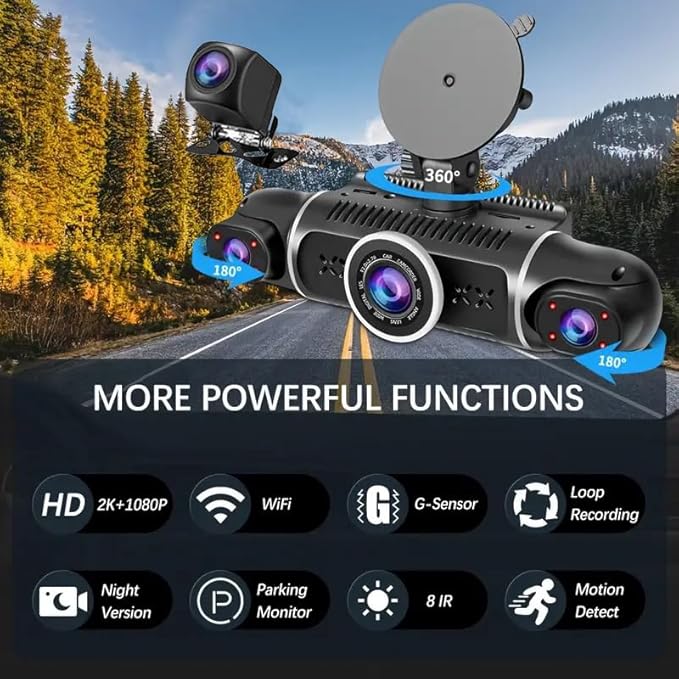 4 Channel Dash Cam Front and Rear Inside Back 360° FHD 2K Dash Camera for Cars, WiFi, GPS, G-Sensor, WDR 24/7 Parking Mode, 1