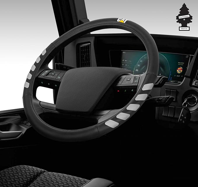 Caterpillar 18" Steering Wheel Cover for Semi Trucks - Black with Grey Trim, Synthetic Leather, Odorless and Durable for All Seasons - Bundle with Air Freshener