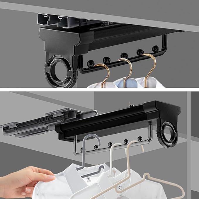 Retractable Stainless Steel Clothes Rail, Extendable Wardrobe Pull Out Rod with Damping Slide, Heavy-Duty Hanger Bearing 25Kg