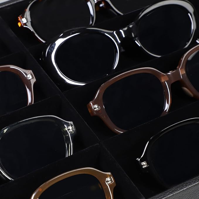 Wudygirl Jewelry and Sunglass Organizer - 8 Slot Storage With Clear Lid, Leather Eyeglasses Display for Women and Men (8 Grid