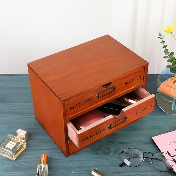 Wooden Storage Box Rustic Desktop Organizer with 3 Drawers Office Desk Accessories Shelf Small Craft Storage Containers Apoth