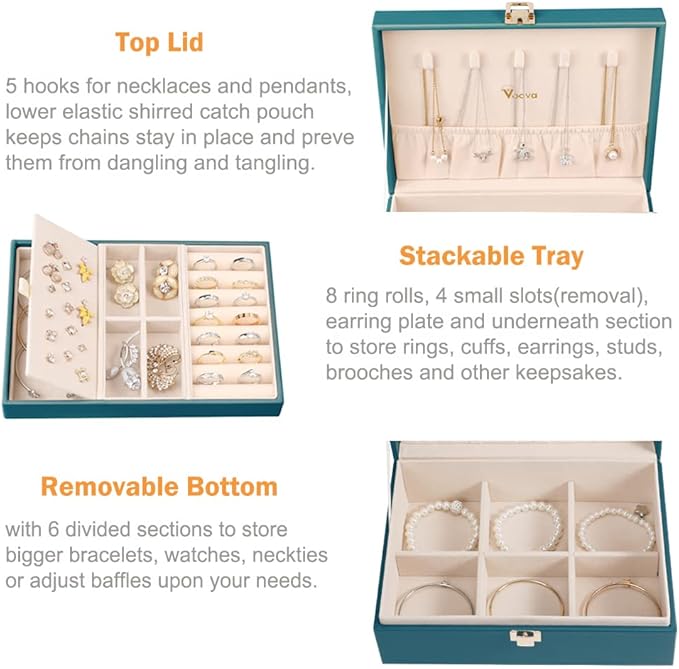 Voova Jewelry Box Organizer for Women Girls, 2 Layer Large Men Jewelry Storage Case, PU Leather Display Jewellery Holder with