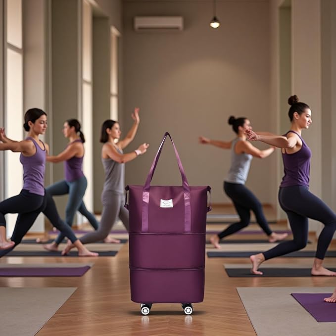 Expandable Foldable Duffel Bag with Detachable Wheels, 64L Large Capacity Rolling Travel Duffle Bag, Lightweight Carry on Luggage with Spinner Wheels, Weekend Gym Tote Bag (Deep Purple)