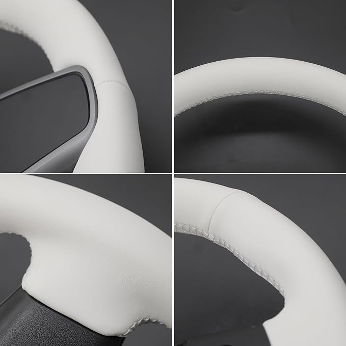 MEWANT Hand Stitched White Leather Steering Wheel Cover for Tesla Model 3/Y Accessories