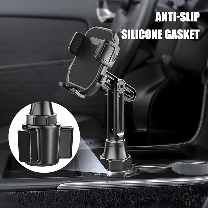 Car Cup Phone Holder, 360° Rotation Carbon Fiber Vehicle Cup Cellphone Holder with Long & Adjustable Neck, Auto Interior Smartphone Expander Mount Accessories, Universal Fit