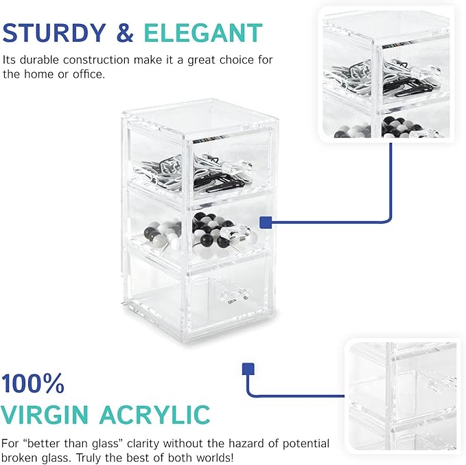 Huang Acrylic Clear Stackable Upright 3-Drawer Organizer, Makeup Jewelry Accessories Cosmetic Countertop Storage Display 3.5 