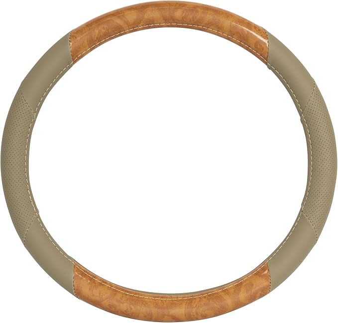 BDK BurlwoodLux Wood Grain and PU Leather Beige Steering Wheel Cover - Sport Grip for Car Auto SUV Trucks