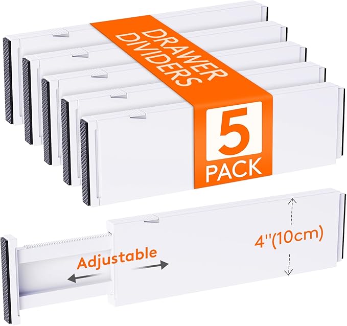 Lifewit 5 Pack 4" High Drawer Dividers 34-56cm/13.5-22" Adjustable Drawer Organizer for Clothes/Utensils, Expandable Drawer S