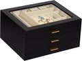 Jewelry Box with Glass Lid, 3-Layer Jewelry Organizer for Women Girls, PU Leather Display Case with 20-Grid Earring Tray & Mo