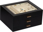 Jewelry Box with Glass Lid, 3-Layer Jewelry Organizer for Women Girls, PU Leather Display Case with 20-Grid Earring Tray & Mo