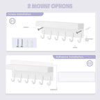 VIS'V Key Holder Wall Mount, Compact Adhesive Key Rack with Tray, 6 Hooks, 2 Mount Options, White