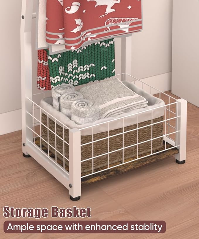 6.3ft Blanket Ladder with Storage Basket, 5 Tier Decorative Ladder Shelf Stand for Living Room & Bedroom, Wall-Leaning Blanke