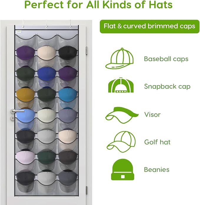 Unjumbly Baseball Hat Rack, 24 Pocket Over-The-Door Hat Organizer with Clear Deep Pockets to Display Baseball Caps Collection