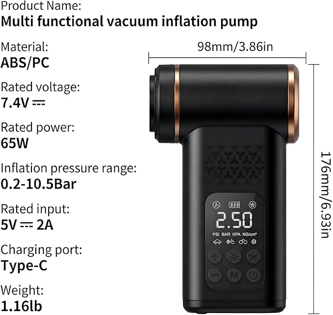 5-in-1 Portable Tire Inflator and Car Vacuum Cordless, 150PSI Smart Air Compressor with Auto Shut-Off, Powerful Suction Handheld Vacuum for Pet Hair, Blower Function, LED Light